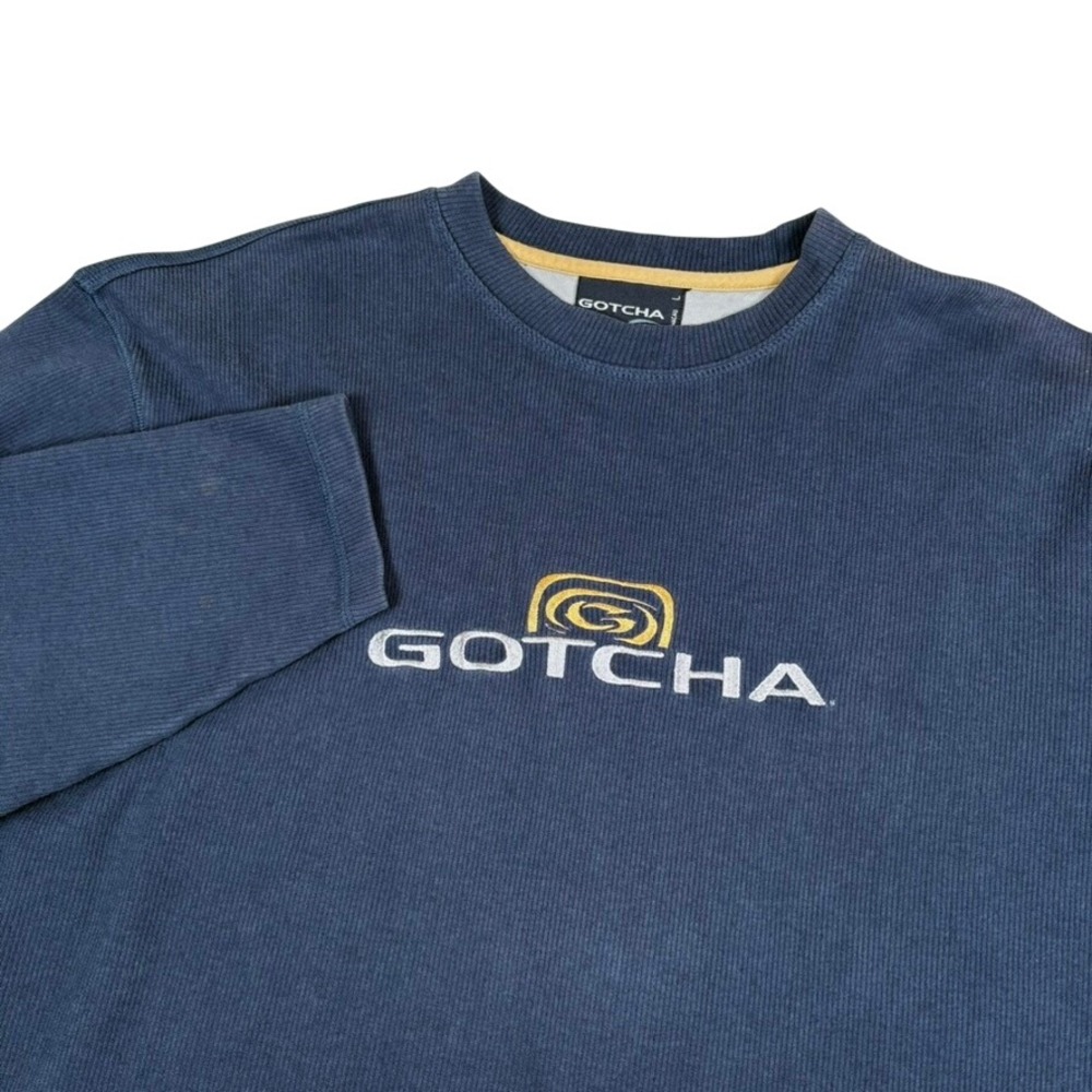 Vintage Gotcha Mens L Long Sleeve T-Shirt Ribbed Knit Navy‎ Blue Graphic Logo